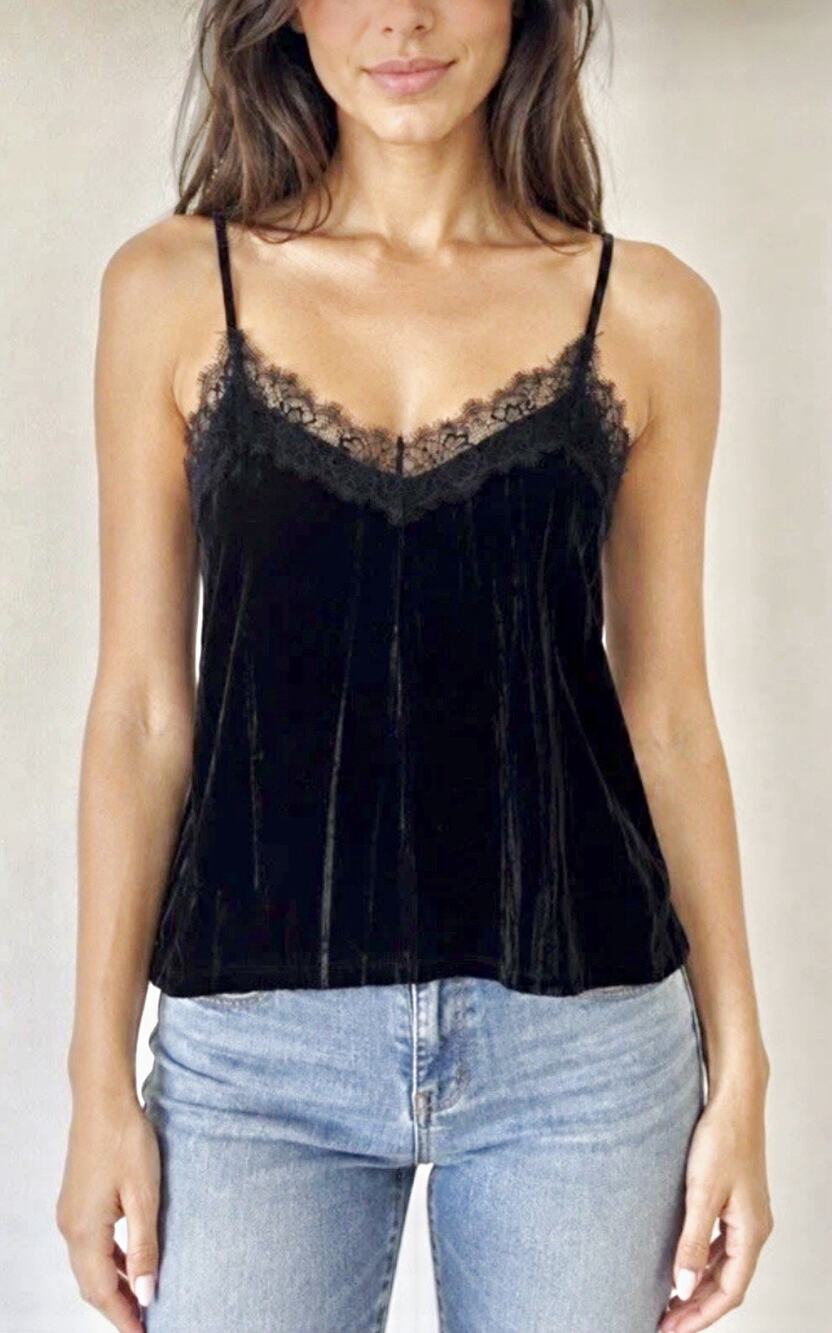 Zara Black Velvet Lace Trim Camisole Tank Top Y2K Whimsigoth Dark Romantic - L